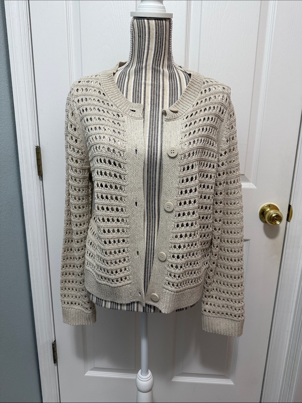 Max Studio Beige Open-Knit Button Front Cardigan